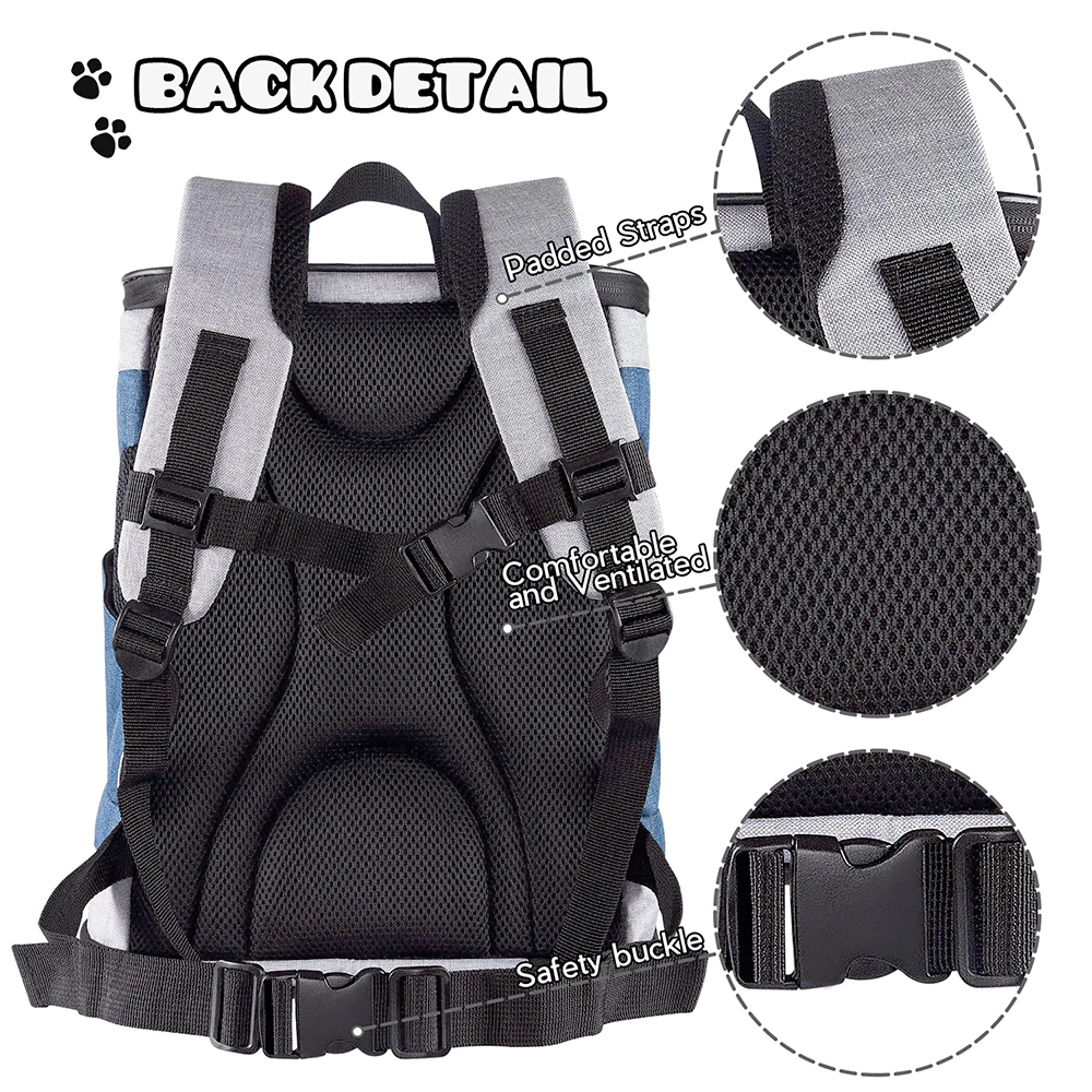 Back view of custom pet carrier backpack showing padded straps and safety buckle