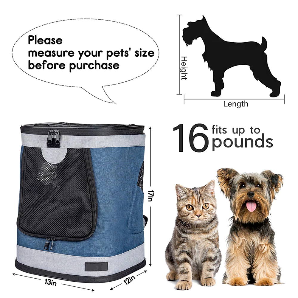 Custom pet carrier backpack with size chart and pet size reference