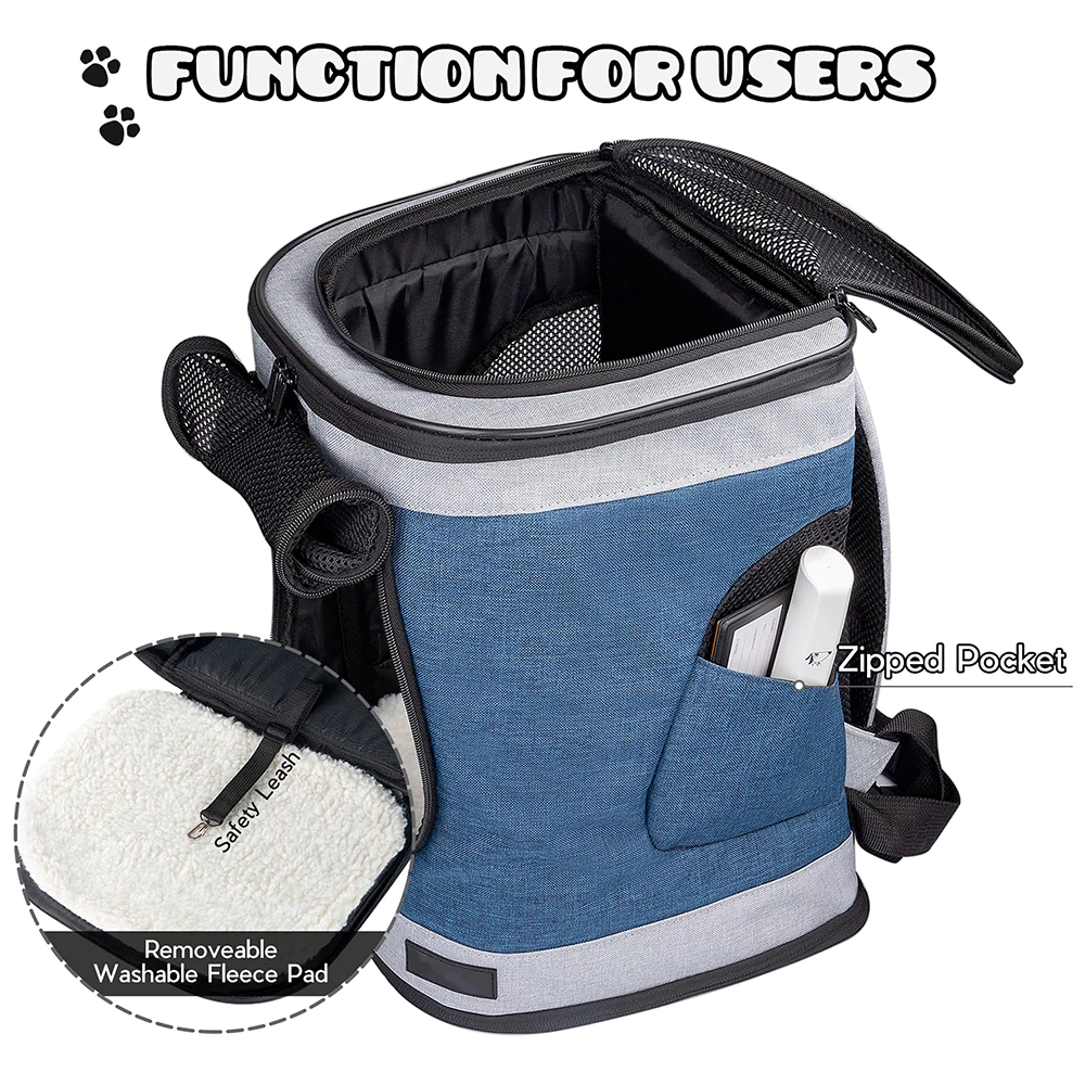 Interior view of custom pet carrier backpack showing removable pad and zippered pocket