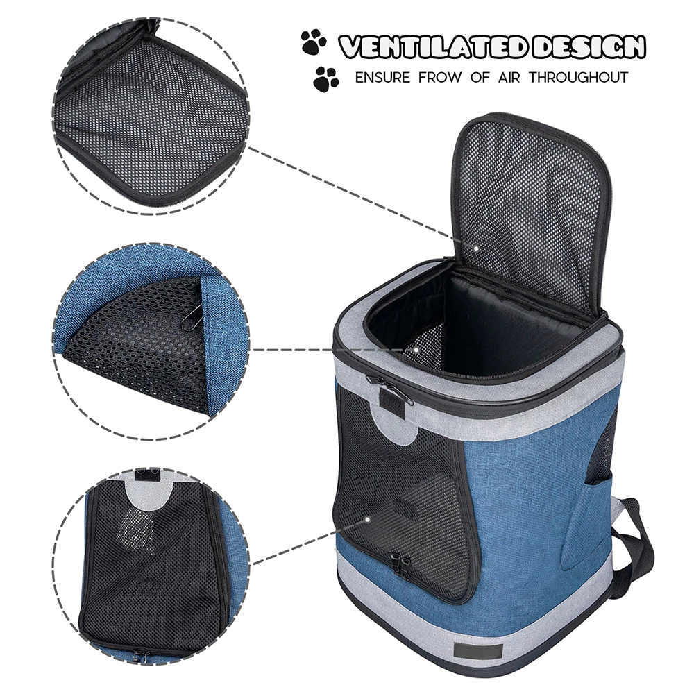 Breathable mesh ventilation and multiple zippered access points on custom pet carrier backpack