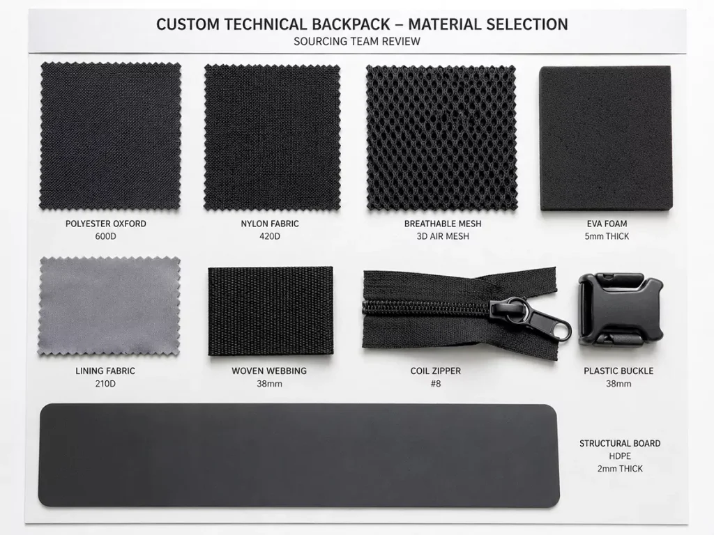 Materials and components used in custom backpack manufacturing