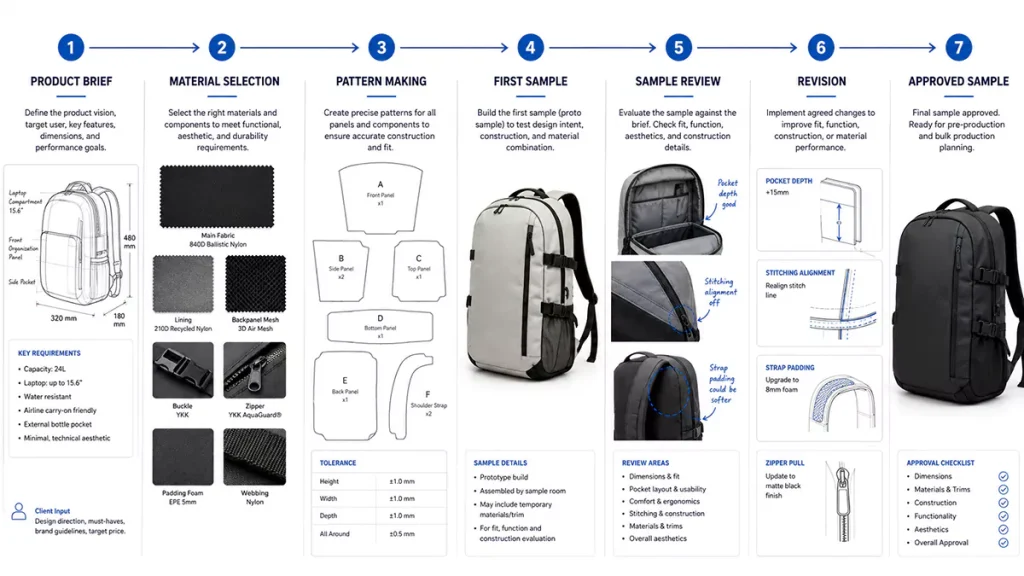 Custom backpack sample development process from concept to approved sample