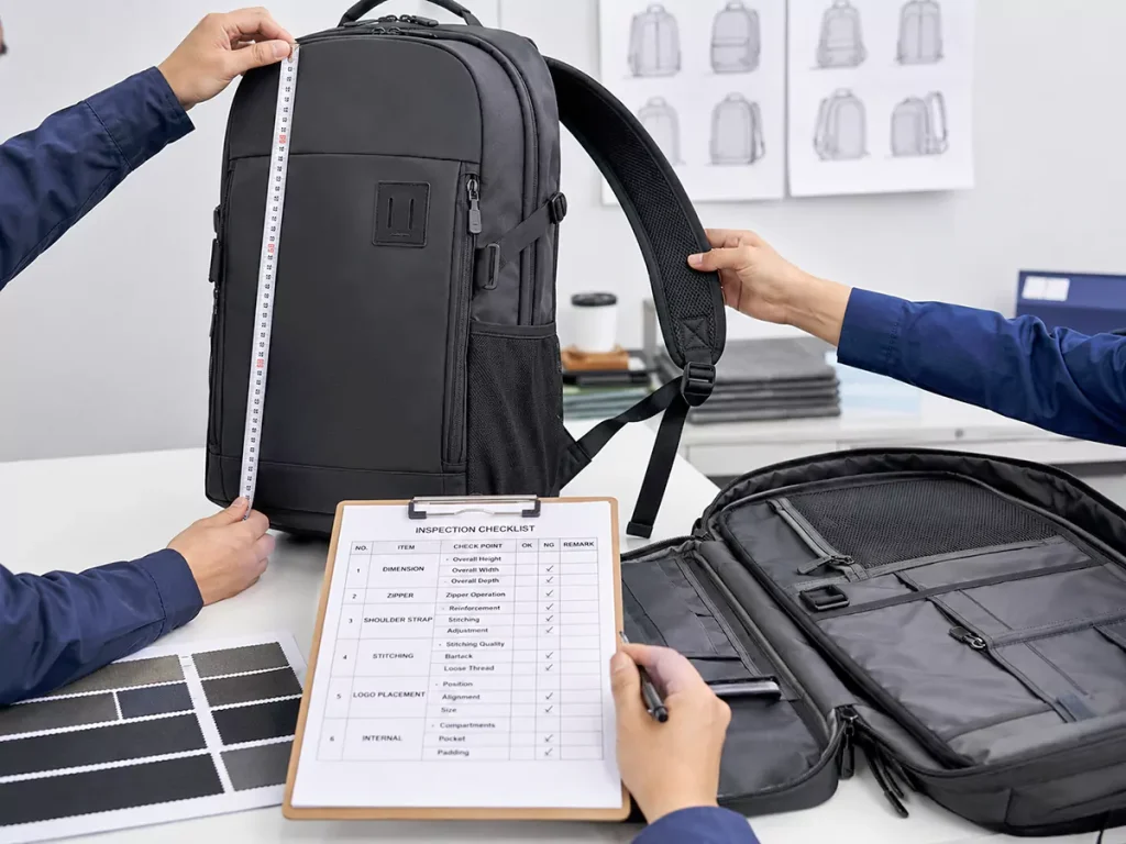 Custom backpack sample inspection before bulk production