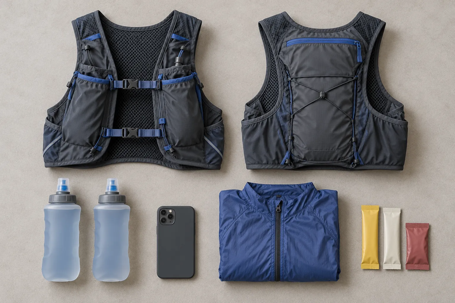 Hydration vest features shown in front and rear views, with soft flasks, a phone, a folded jacket and nutrition packets