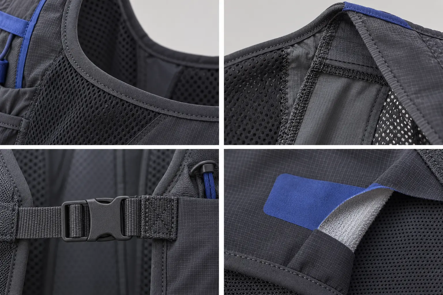 Hands measuring a hydration vest and checking its soft-flask retention loop and phone pocket in three panels