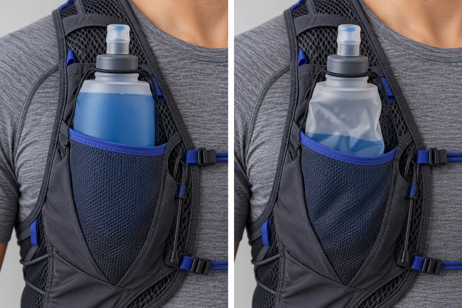 Four close-up views of hydration vest edge binding, interior seams, a sternum buckle attachment and folded fabric layers