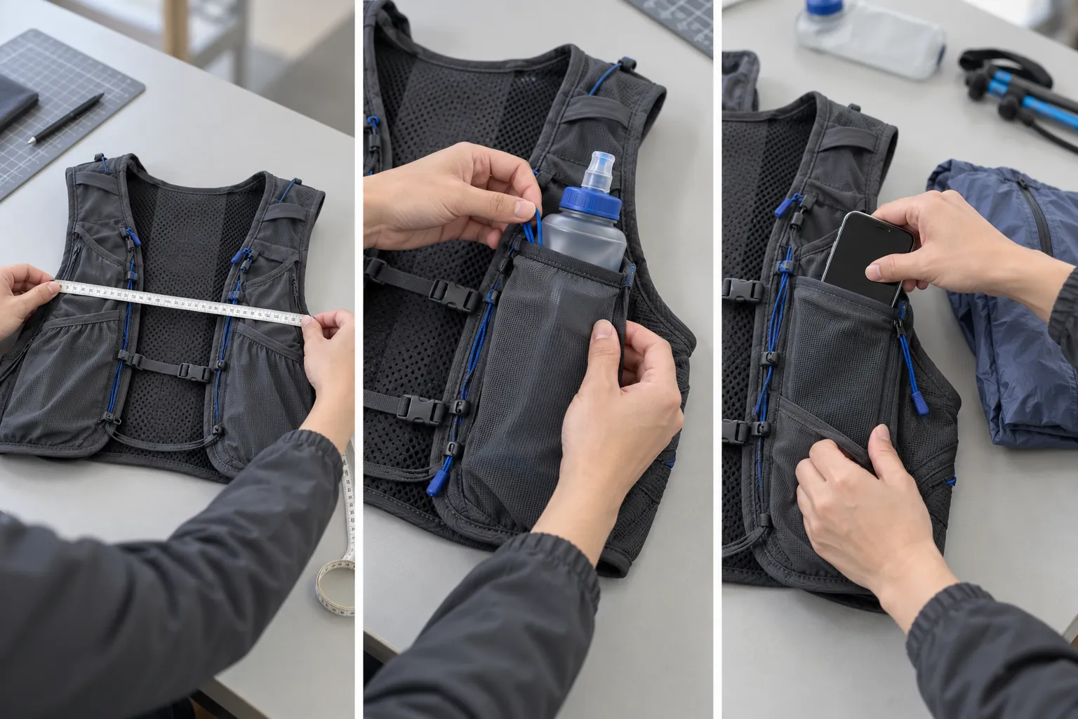 Side-by-side views of a full and partly emptied soft flask held in matching hydration vest chest pockets
